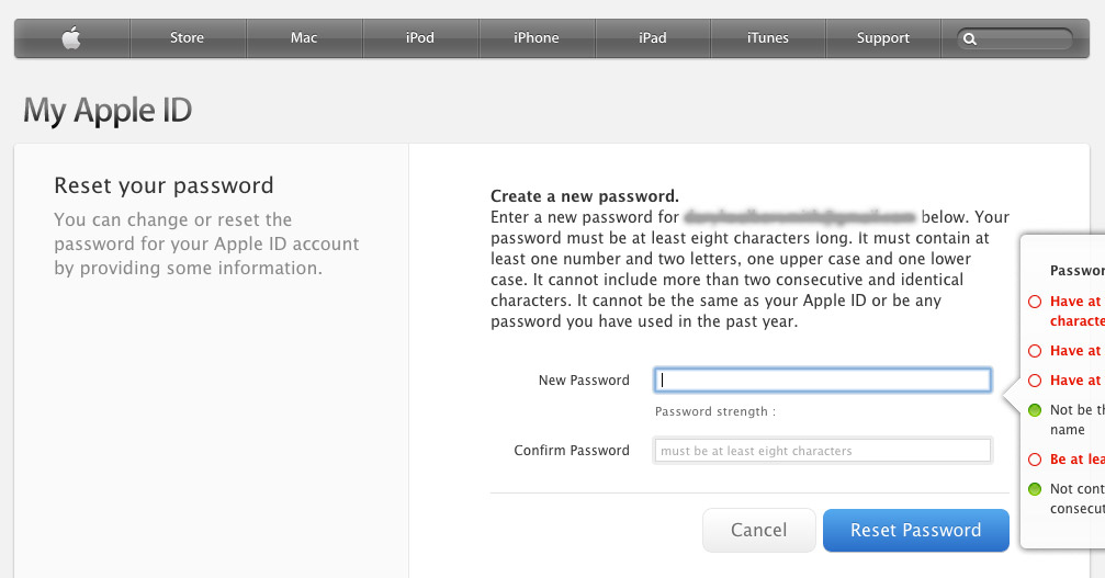 Apple ID - Password reset screen